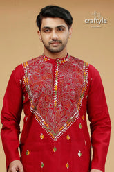 Vivid burgundy red multicolor kantha stitch gents kurta red embroidered kurta 2