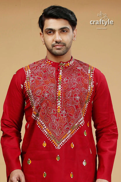 Vivid burgundy red multicolor kantha stitch gents kurta red embroidered kurta 2