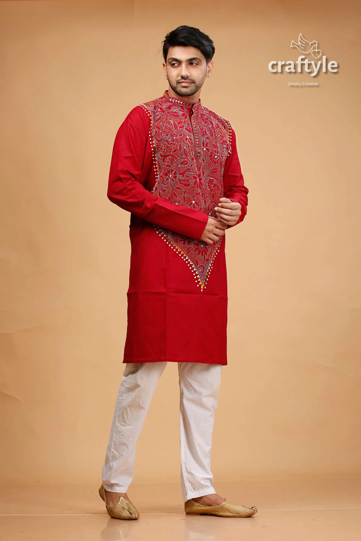 Vivid burgundy red multithread kantha embroidery cotton men’s kurta 4