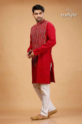 Vivid burgundy red multithread kantha embroidery cotton men’s kurta 3