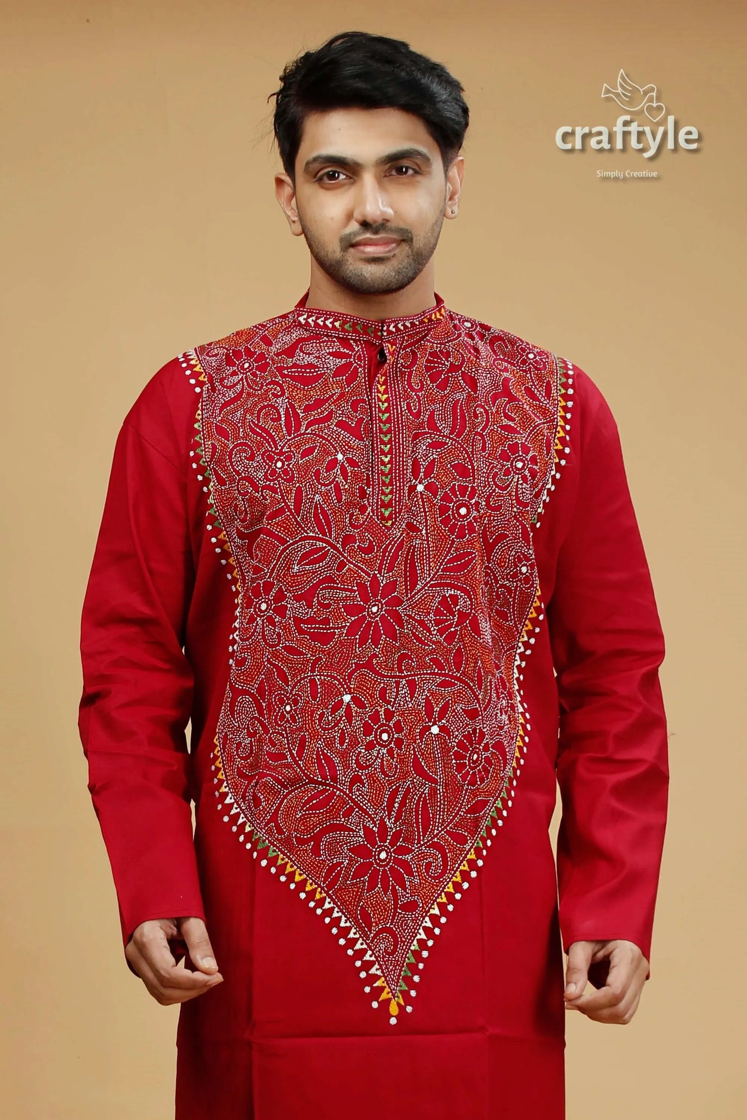 Vivid burgundy red multithread kantha embroidery cotton men’s kurta 2