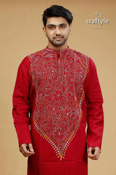 Vivid burgundy red multithread kantha embroidery cotton men’s kurta 2