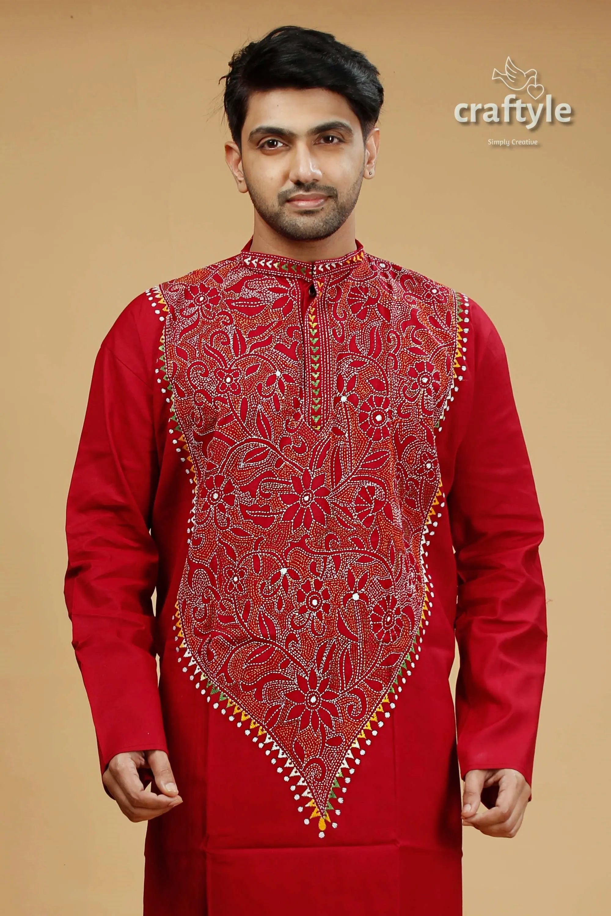 Vivid burgundy red multithread kantha embroidery cotton men’s kurta 2