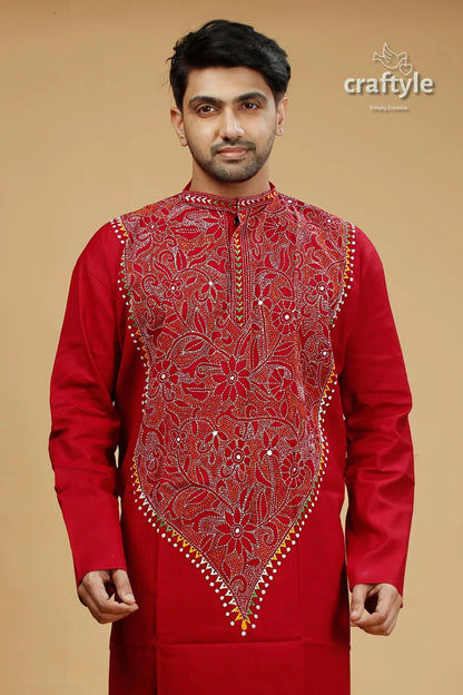 Vivid burgundy red multithread kantha embroidery cotton men’s kurta 2