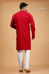 Vivid burgundy red multithread kantha embroidery cotton men’s kurta 5