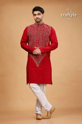 Vivid burgundy red multithread kantha embroidery cotton men’s kurta 1