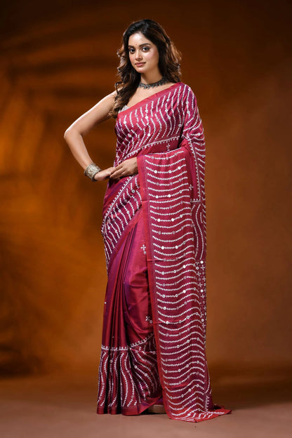 Vivid burgundy silk gujrati stitch saree with handmade mirror ethnic design 1
