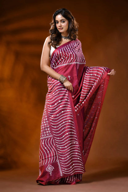 Vivid burgundy silk gujrati stitch saree with handmade mirror ethnic design 4