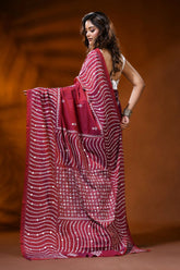 Vivid burgundy silk gujrati stitch saree with handmade mirror ethnic design 5