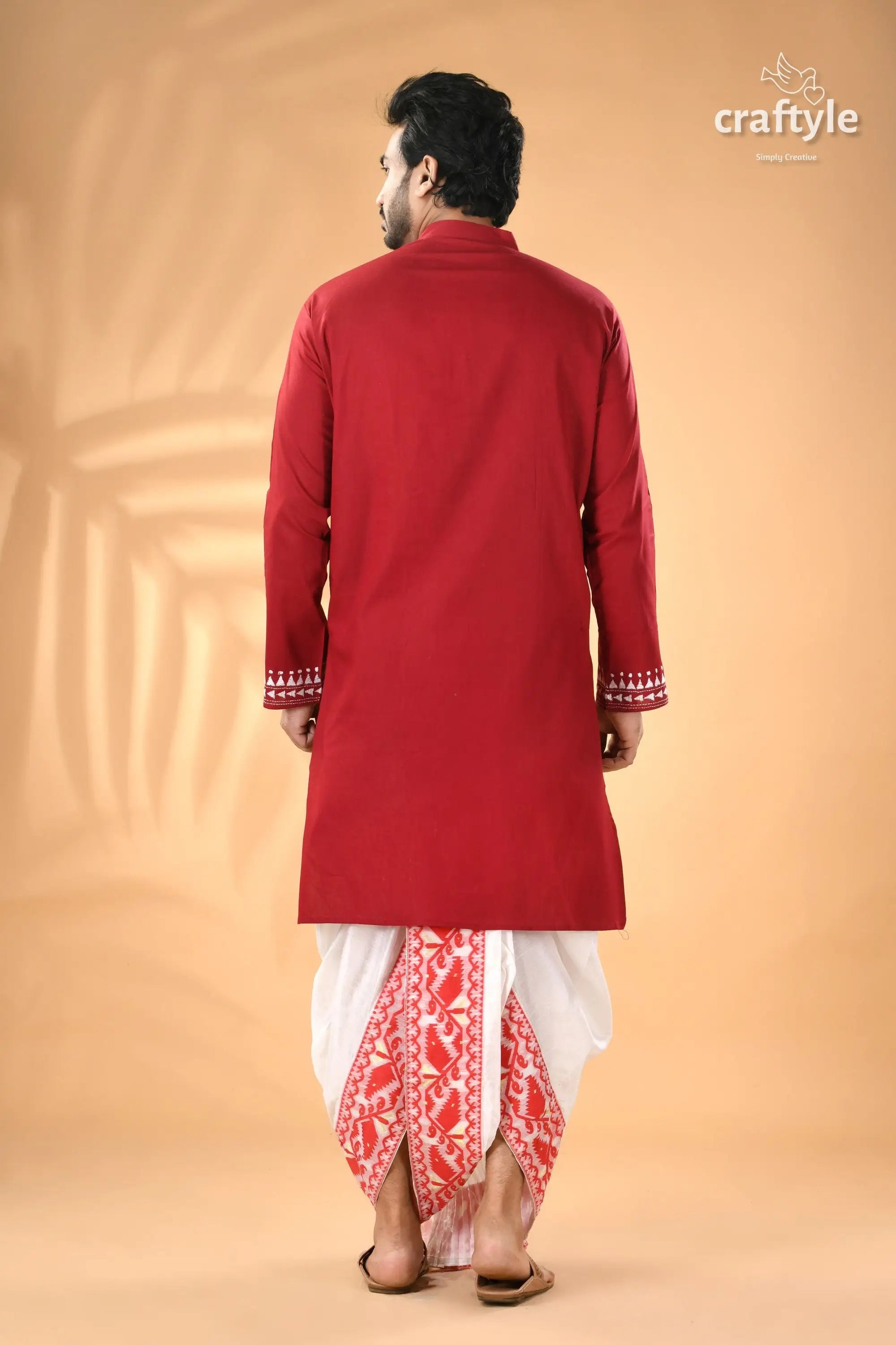 Vivid burgundy white thread kantha work cotton men’s kurta men’s red long sleeved kurta white 6
