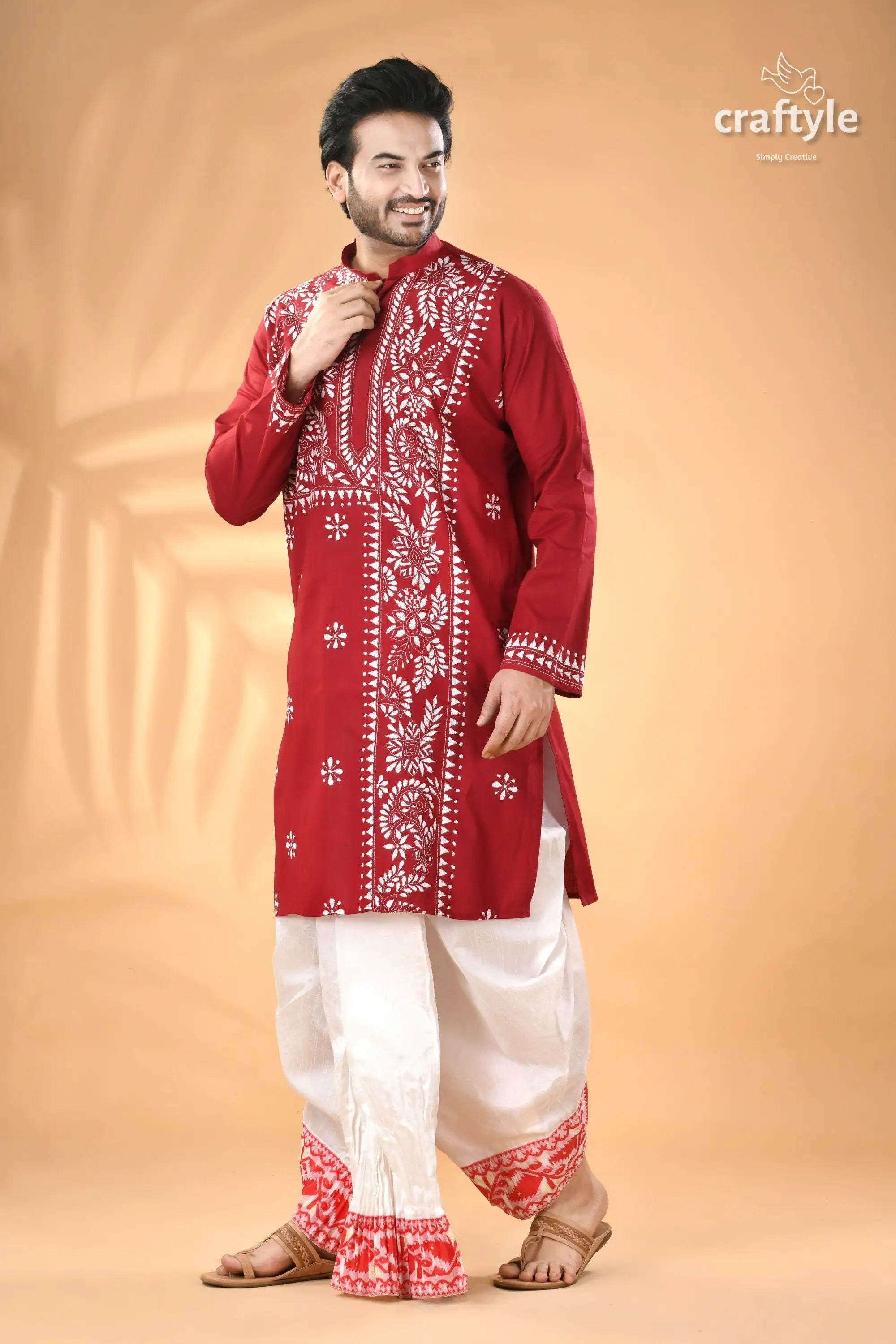 Vivid burgundy white thread kantha work cotton men’s kurta men’s red embroidered kurta white 4
