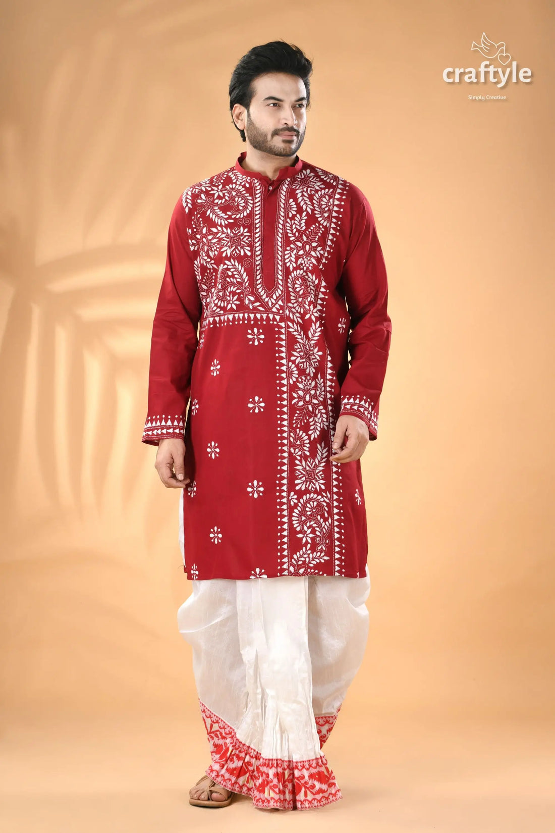 Vivid burgundy white thread kantha work cotton men’s kurta men’s maroon embroidered kurta white 1