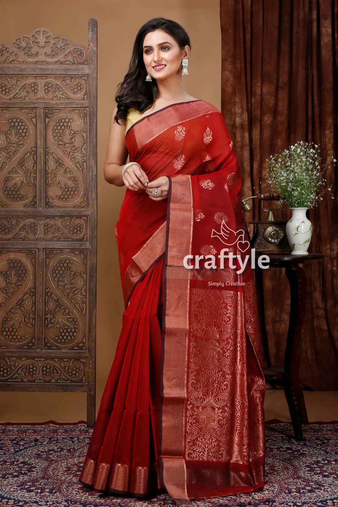 Vivid burgundy zari work handloom saree - intricate design red saree gold border 1