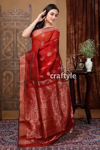 Vivid burgundy zari work handloom saree - intricate design red gold 4
