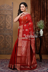 Vivid burgundy zari work handloom saree - intricate design red gold 3