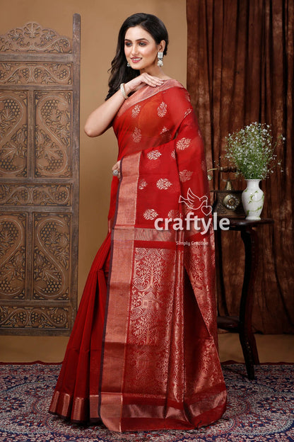 Vivid burgundy zari work handloom saree - intricate design red gold 3