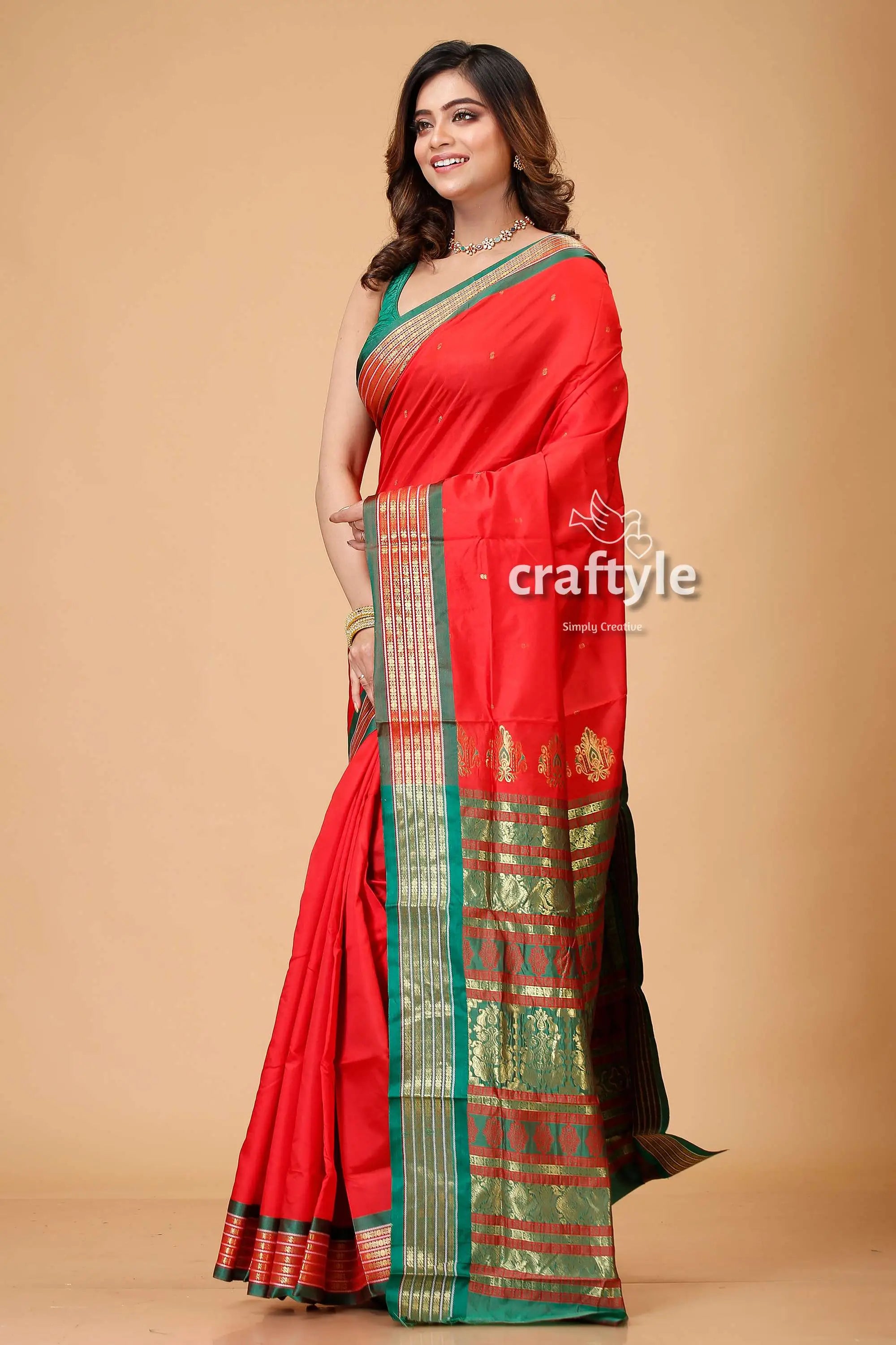 Vivid crimson bomkai silk sari with zari and meenakari work red saree green gold border 3