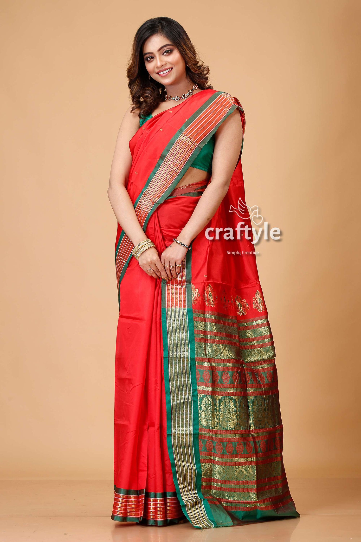 Vivid Crimson Bomkai Silk Sari with Zari and Meenakari Work-Craftyle