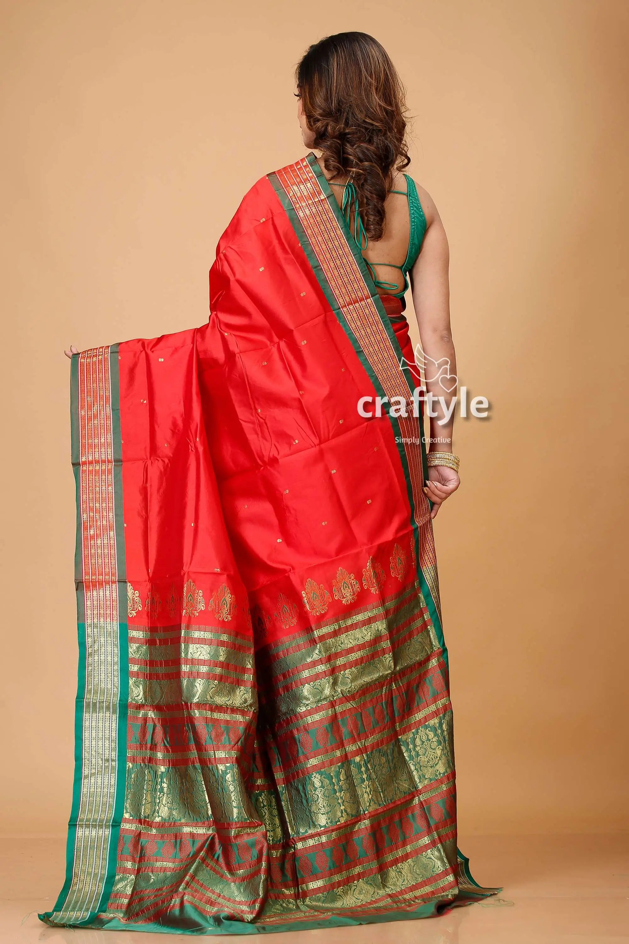 Vivid crimson bomkai silk sari with zari and meenakari work red silk saree green gold 5