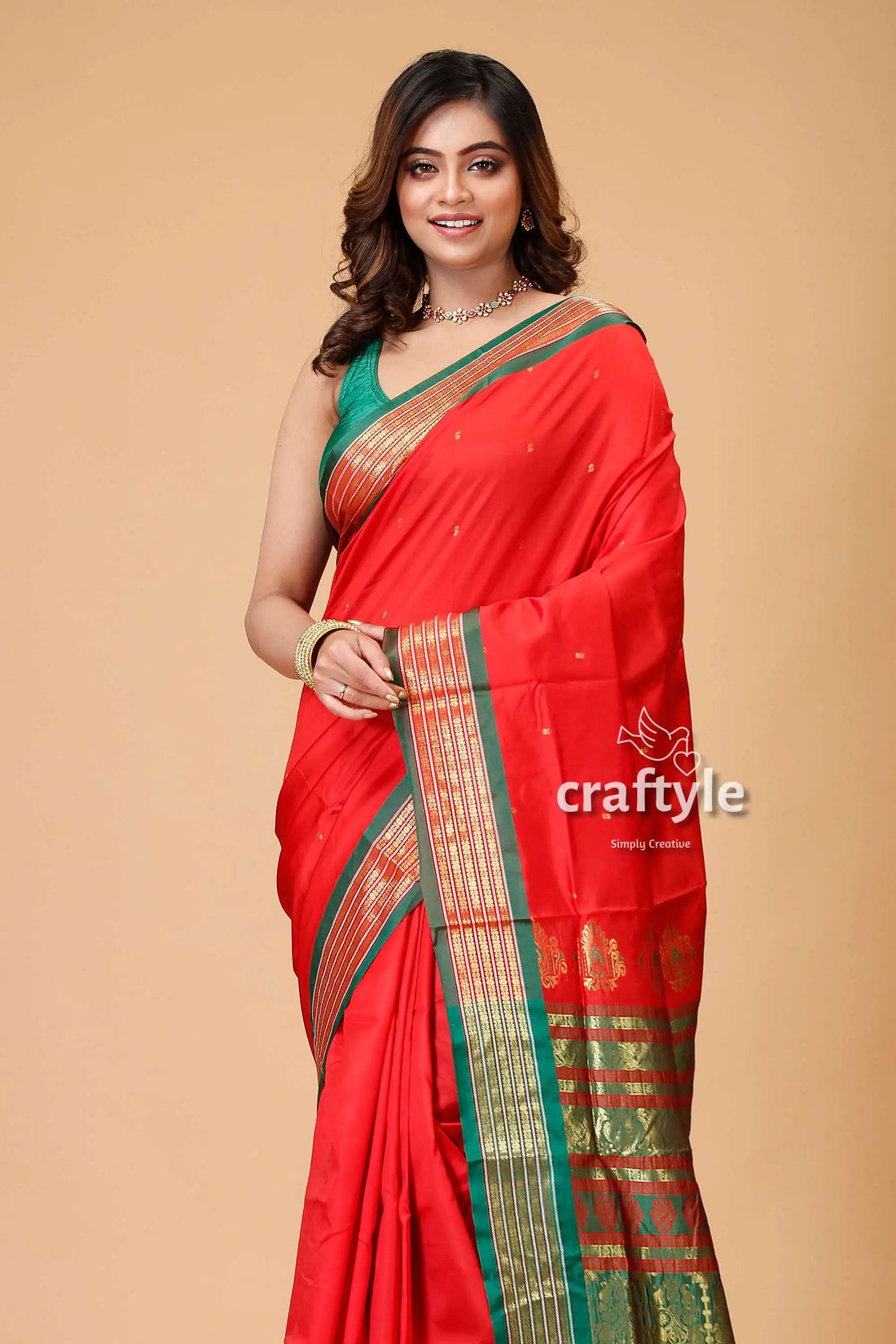 Vivid crimson bomkai silk sari with zari and meenakari work red silk saree green gold 2