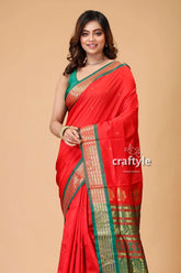 Vivid crimson bomkai silk sari with zari and meenakari work red silk saree green gold 2