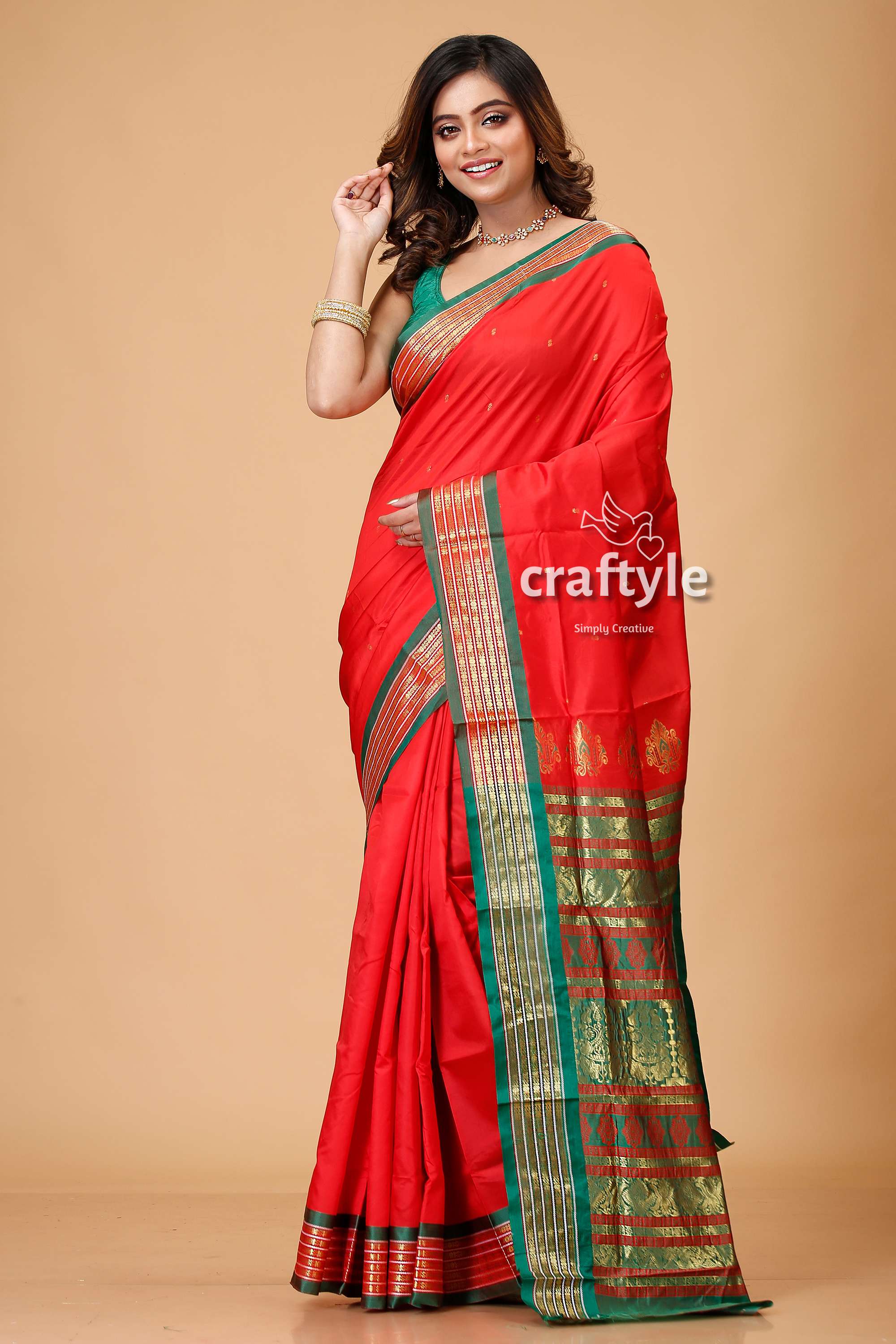Vivid Crimson Bomkai Silk Sari with Zari and Meenakari Work-Craftyle