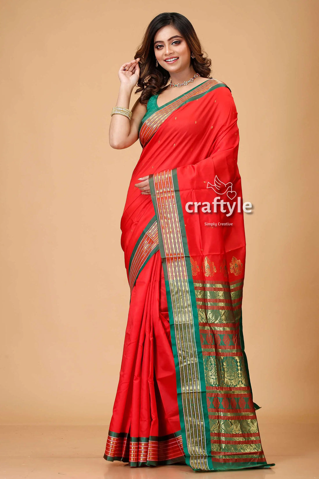 Vivid crimson bomkai silk sari with zari and meenakari work red saree green gold border 1