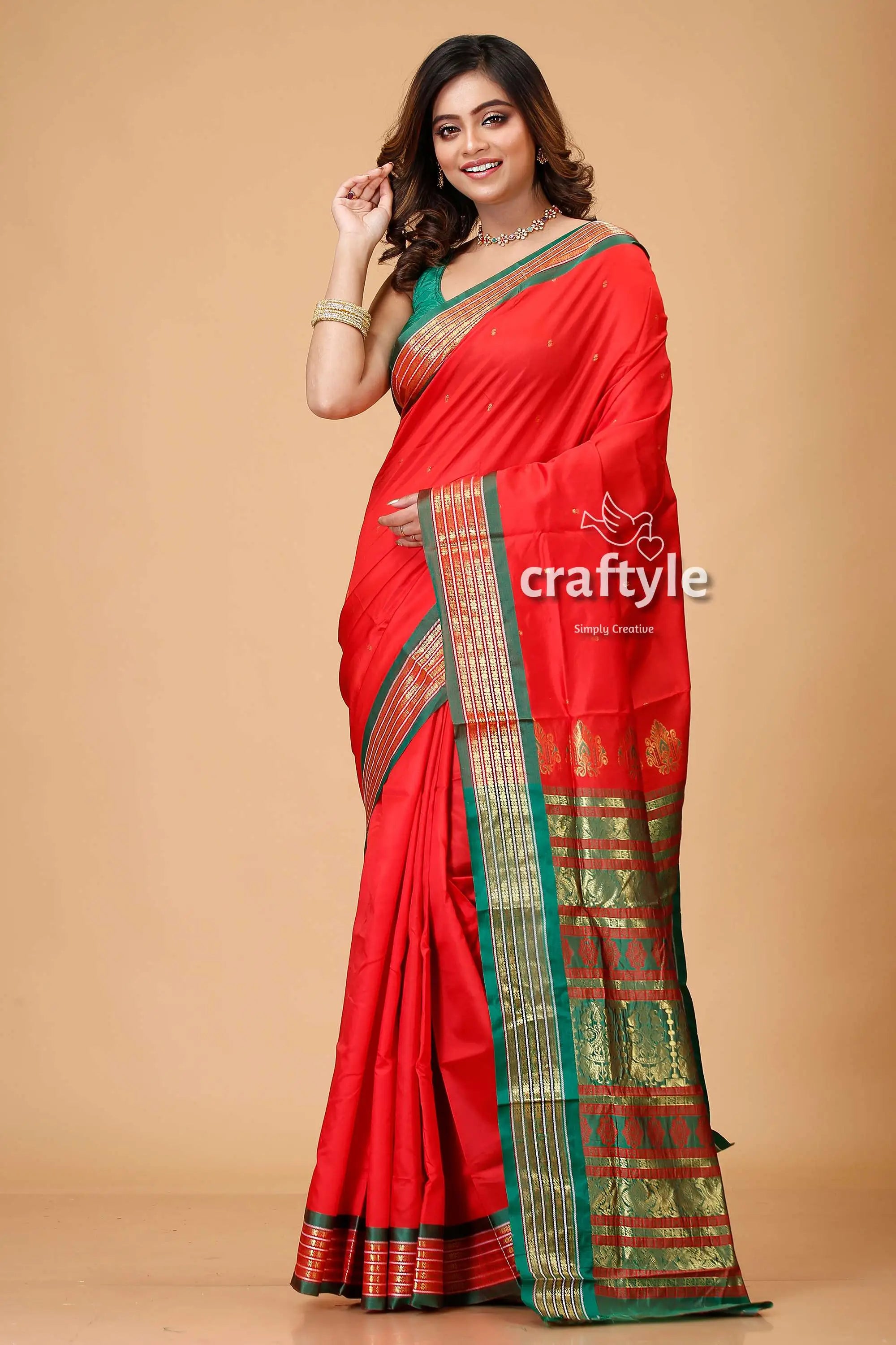 Vivid crimson bomkai silk sari with zari and meenakari work red saree green gold border 1