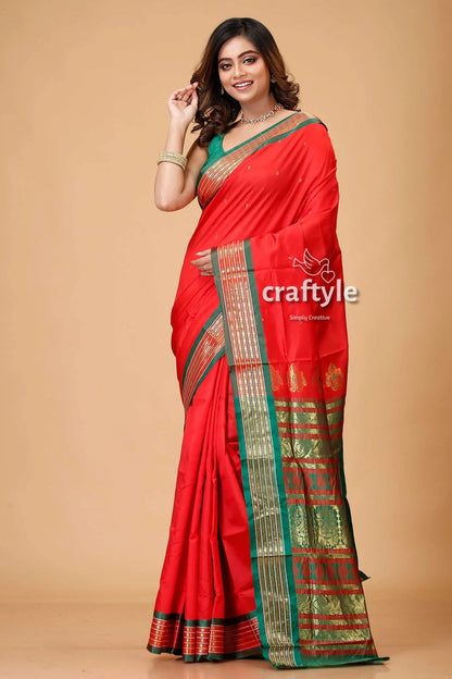 Vivid crimson bomkai silk sari with zari and meenakari work red saree green gold border 1