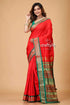 Vivid crimson bomkai silk sari with zari and meenakari work red saree green gold border 1