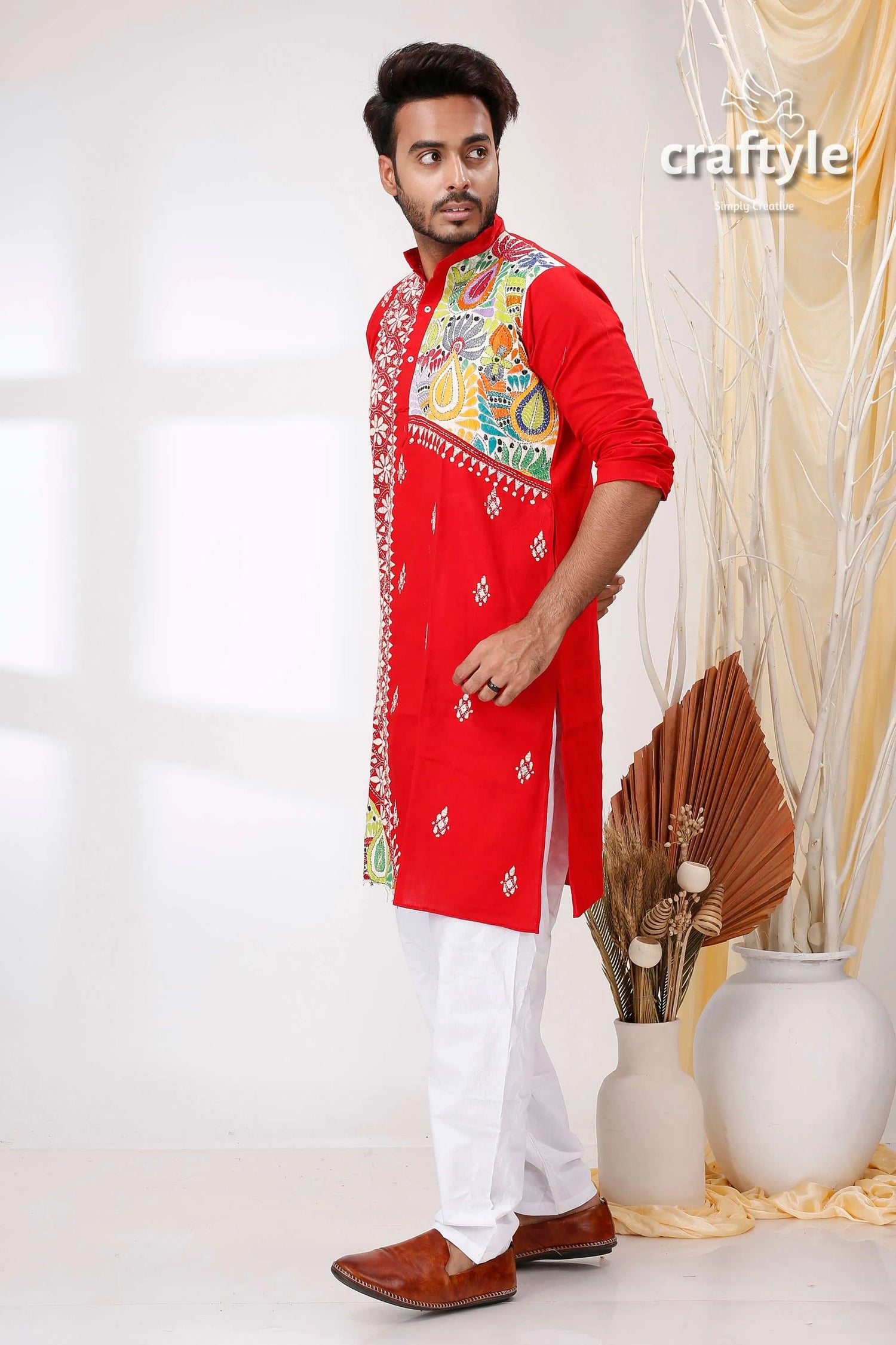 Vivid crimson red kantha stitch designer cotton panjabi for men kurta colorful embroidery 3