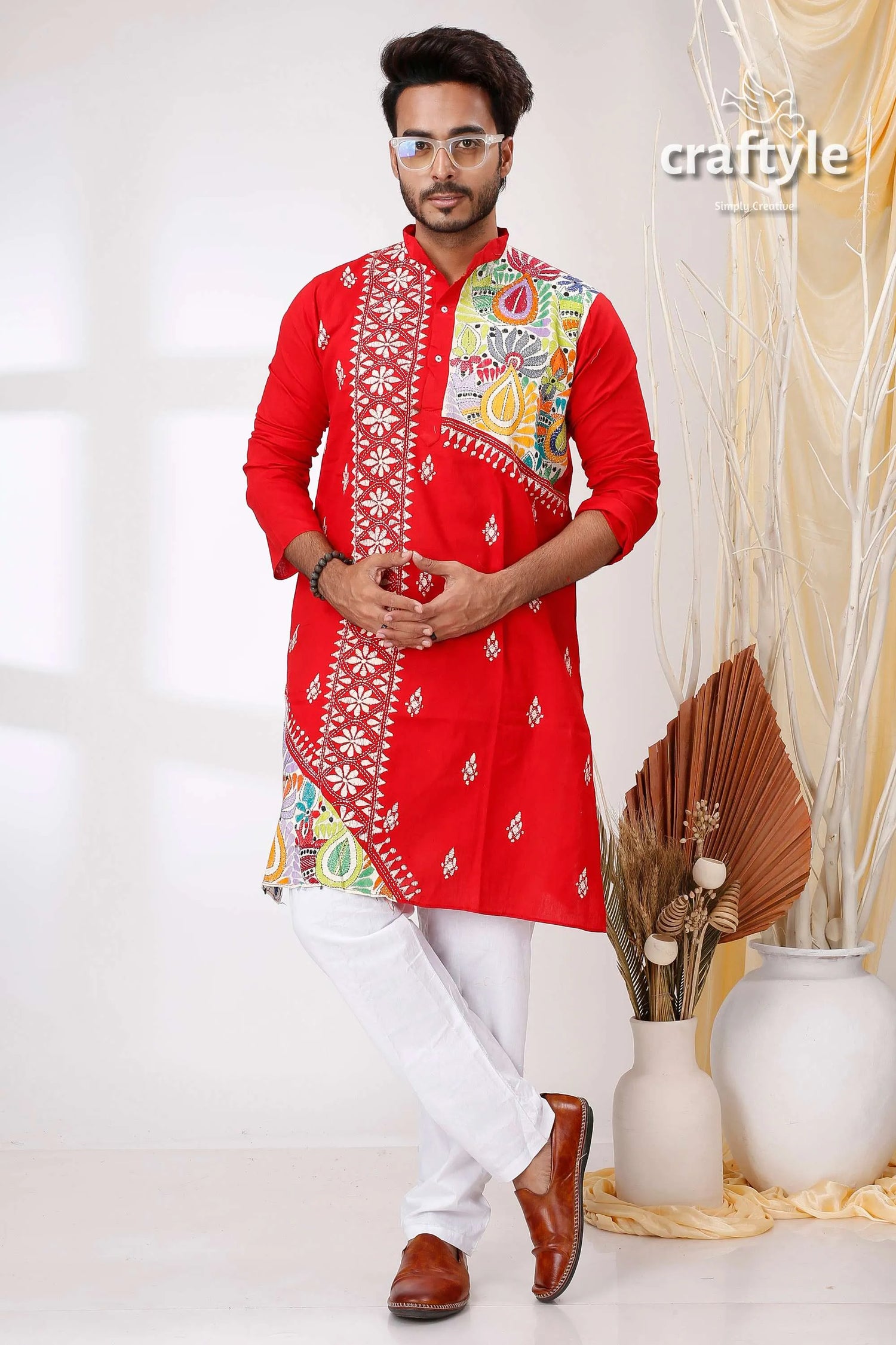 Vivid crimson red kantha stitch designer cotton panjabi for men embroidered kurta white pants 1