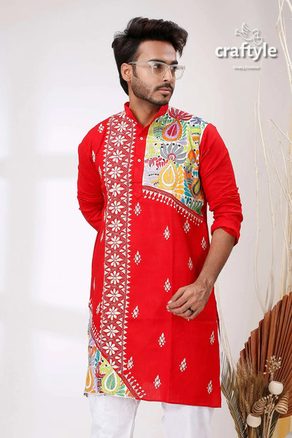 Vivid crimson red kantha stitch designer cotton panjabi for men kurta colorful embroidery 2