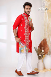 Vivid crimson red kantha stitch designer cotton panjabi for men embroidered kurta white pants 4