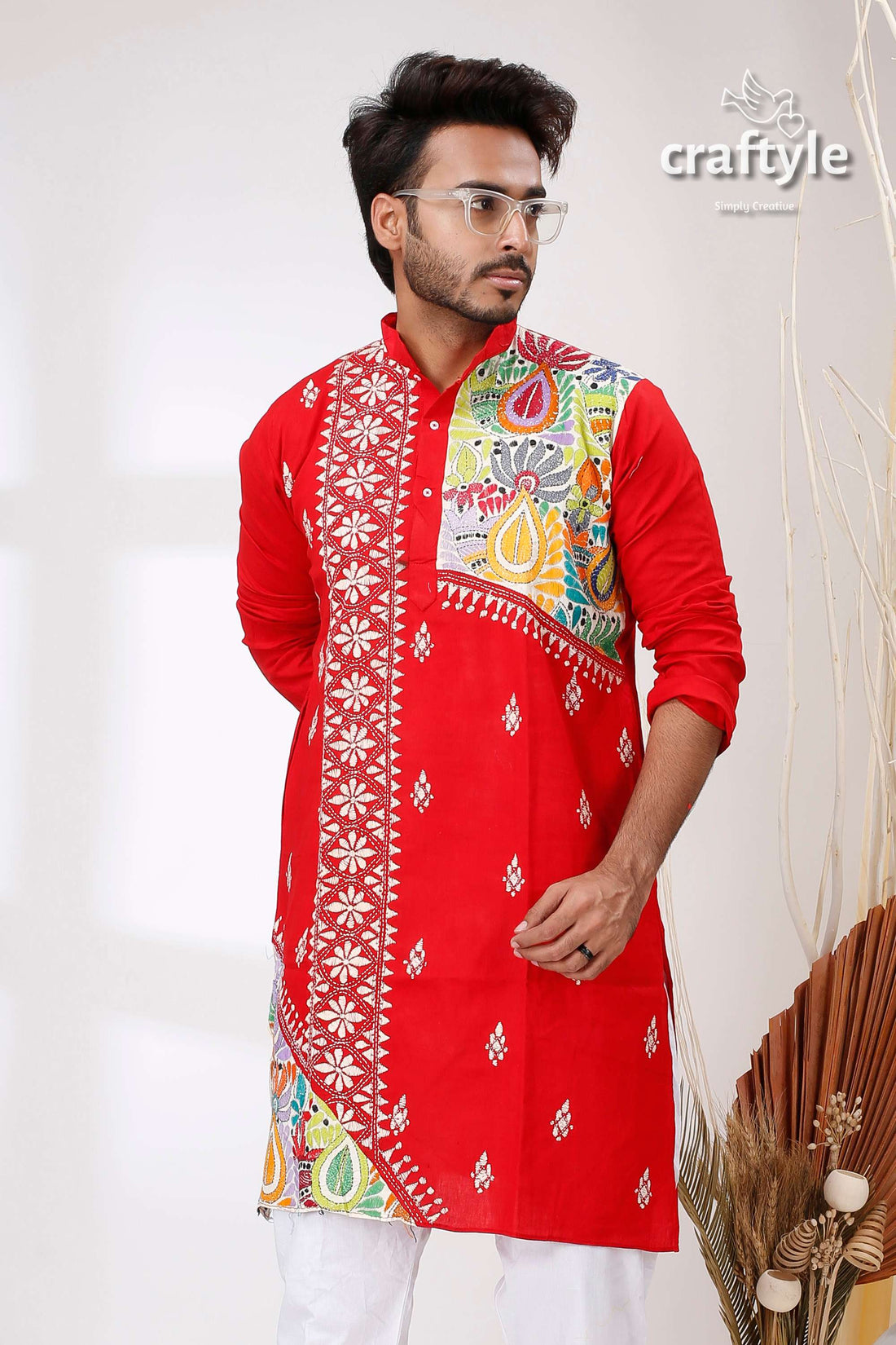 Vivid Crimson Red Kantha Stitch Designer Cotton Panjabi for Men - Craftyle