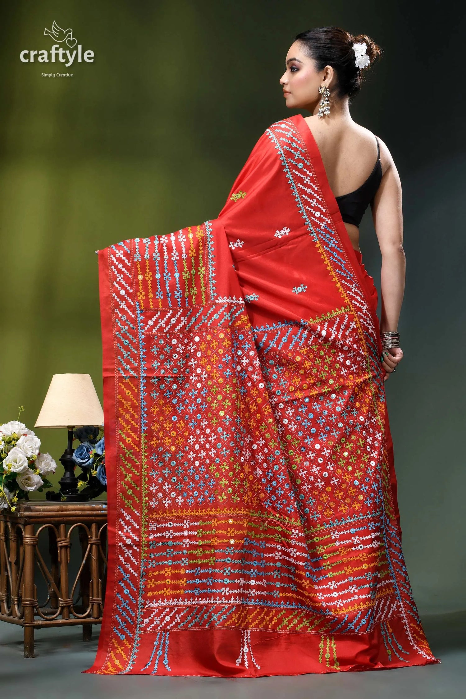 Vivid red intricate gujrati embroidery silk saree with mirror work vibrant red silk saree intricate 5