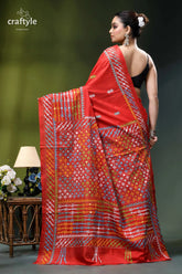 Vivid red intricate gujrati embroidery silk saree with mirror work vibrant red silk saree intricate 5