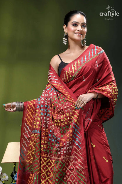 Vivid red intricate gujrati embroidery silk saree with mirror work rich red silk saree adorned 6