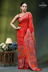 Vivid red intricate gujrati embroidery silk saree with mirror work vibrant red saree adorned intricate 4