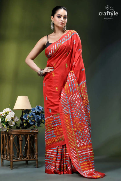 Vivid red intricate gujrati embroidery silk saree with mirror work vibrant red saree adorned intricate 4