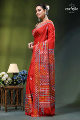 Vivid red intricate gujrati embroidery silk saree with mirror work vibrant red saree adorned intricate 3