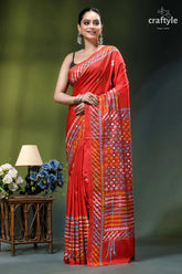 Vivid red intricate gujrati embroidery silk saree with mirror work vibrant red silk saree adorned 7