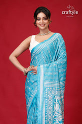 Vivid Sky Blue and White Lotus Kantha Stitch Saree-Craftyle
