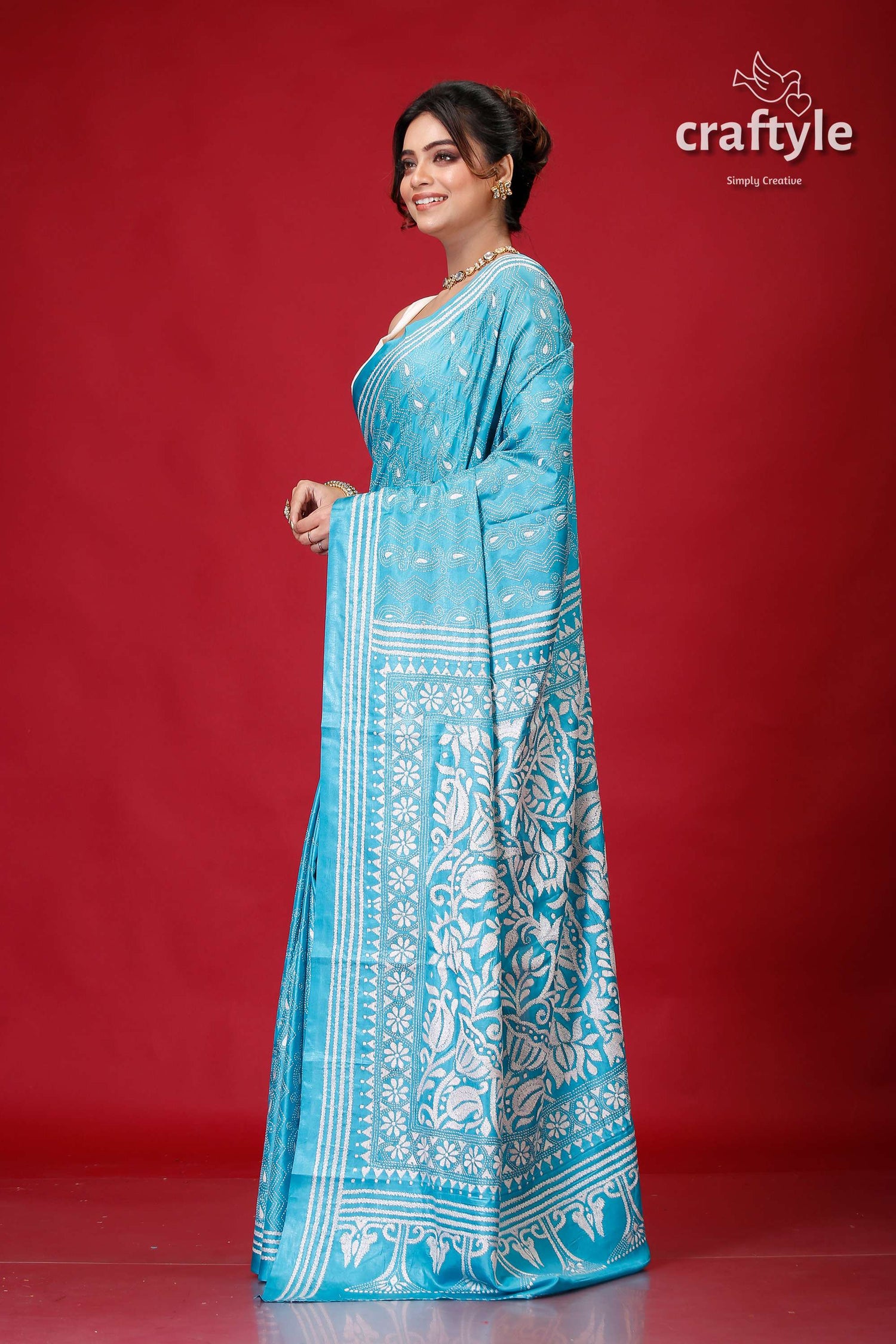 Vivid Sky Blue and White Lotus Kantha Stitch Saree-Craftyle