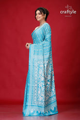 Vivid Sky Blue and White Lotus Kantha Stitch Saree-Craftyle