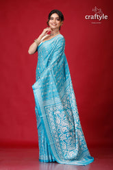 Vivid Sky Blue and White Lotus Kantha Stitch Saree-Craftyle