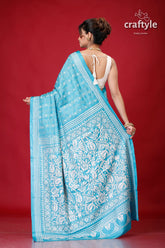 Vivid Sky Blue and White Lotus Kantha Stitch Saree-Craftyle