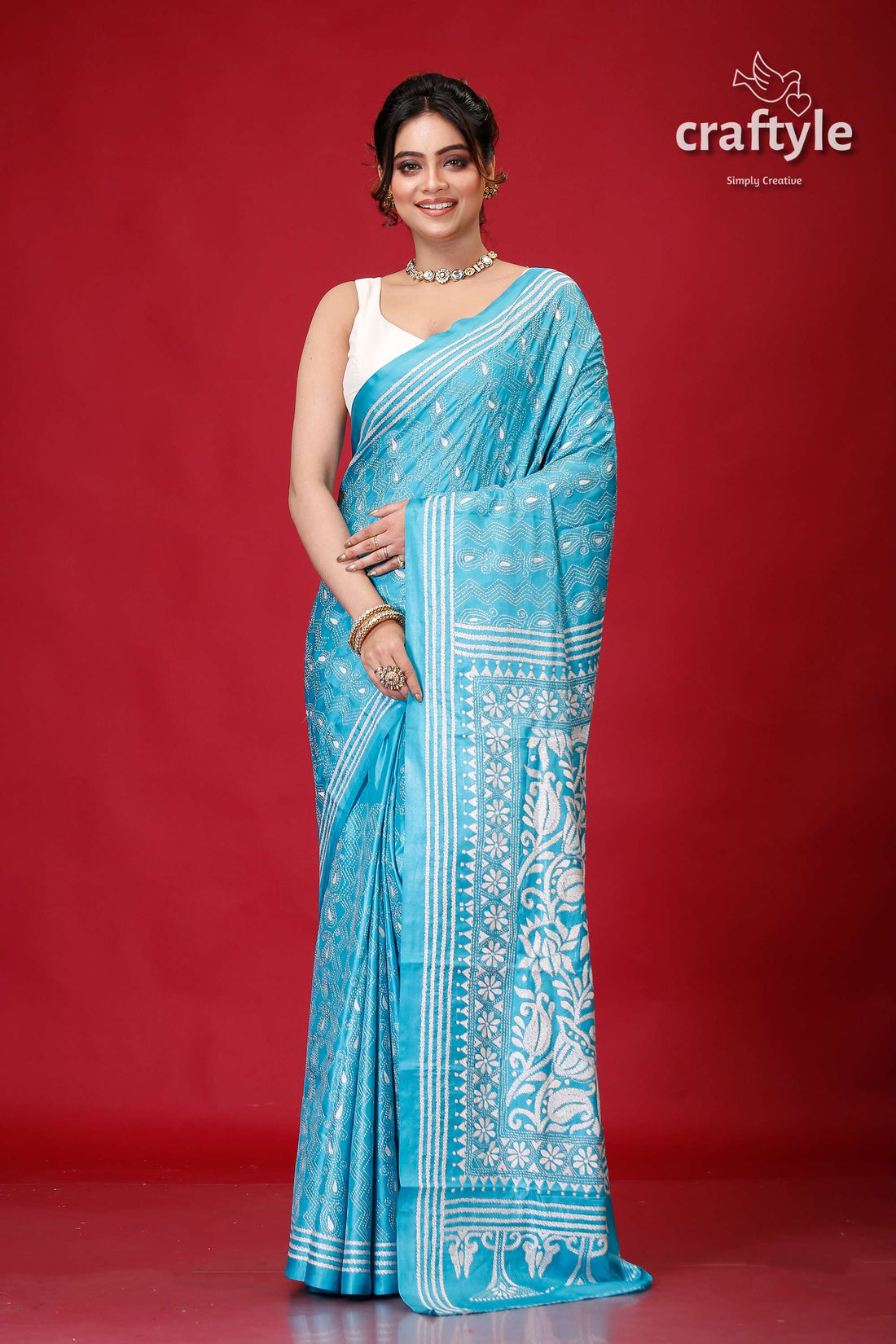 Vivid Sky Blue and White Lotus Kantha Stitch Saree-Craftyle