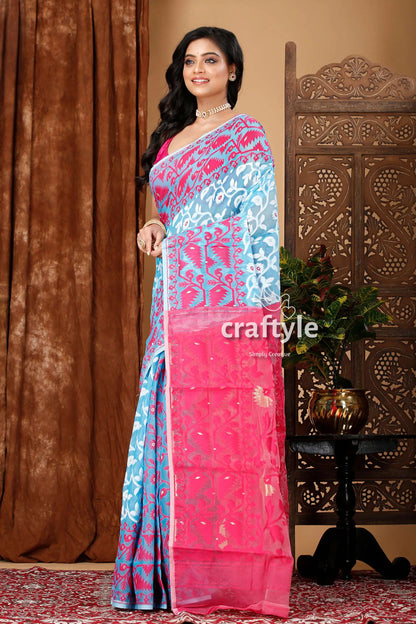 Vivid sky blue-magenta all-over work jamdani saree woman blue pink saree 3