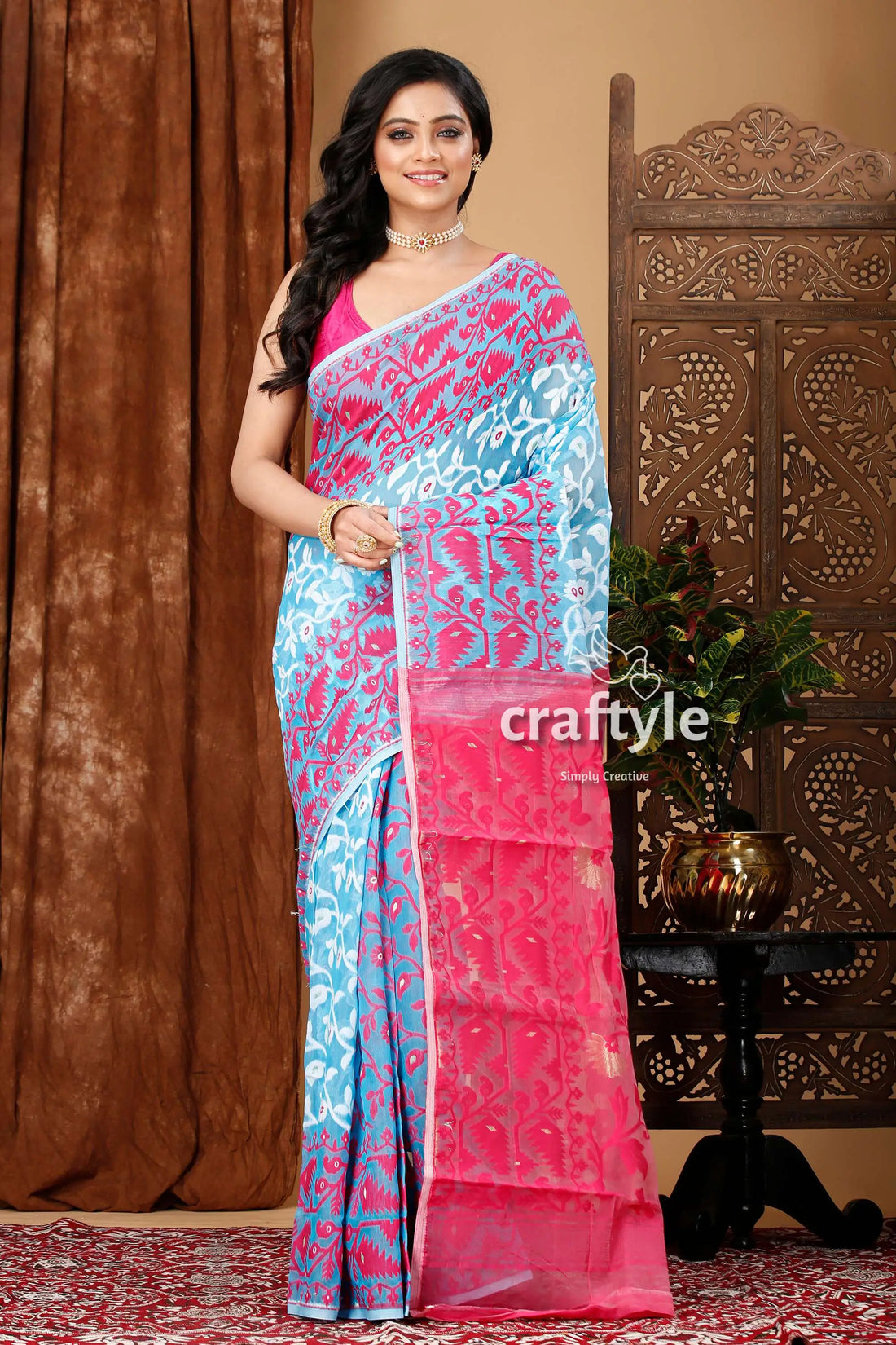 Vivid sky blue-magenta all-over work jamdani saree woman blue pink saree 1